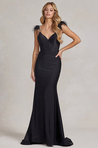 Black Feather Shoulder Solid Stretch Trumpet Dress