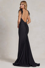 Black Feather Shoulder Solid Stretch Trumpet Dress