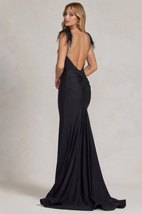 Black Feather Shoulder Solid Stretch Trumpet Dress