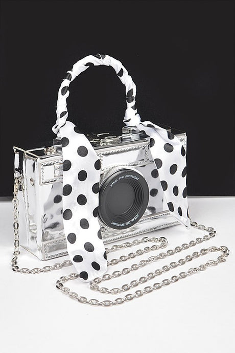 Silver Scarf Handle Camera Convertible Clutch