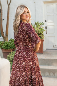 Burgundy/Pink Print Woven Wrap Maxi Dress