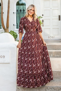 Burgundy/Pink Print Woven Wrap Maxi Dress