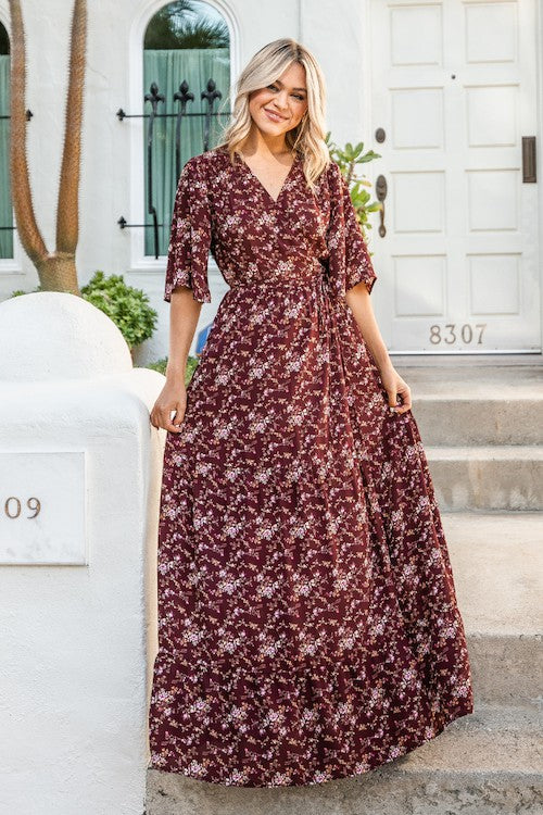 Burgundy/Pink Print Woven Wrap Maxi Dress