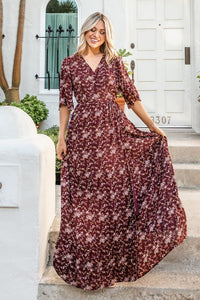 Burgundy/Pink Print Woven Wrap Maxi Dress