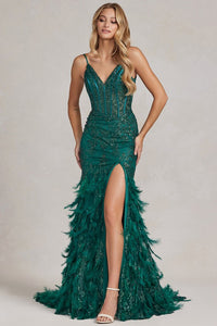 Emerald Glitter Print Feather Skirt Mermaid Dress