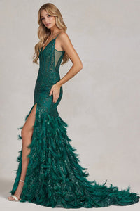 Emerald Glitter Print Feather Skirt Mermaid Dress