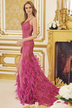 Fuchsia Glitter Print Feather Skirt Mermaid Dress