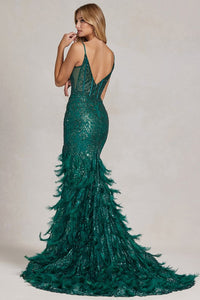 Emerald Glitter Print Feather Skirt Mermaid Dress