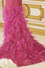 Fuchsia Glitter Print Feather Skirt Mermaid Dress