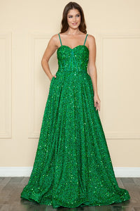 Green A Line Sequin Over Velvet Gown