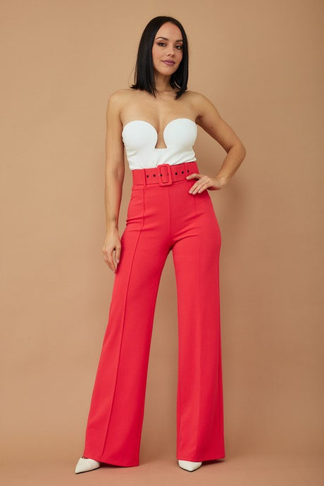 Dark Coral High Waist Pants With Buckle Belt
