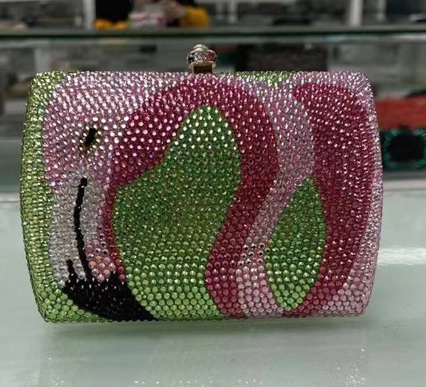 Multi Flamingo Rhinestone Rectangle Evening Bag