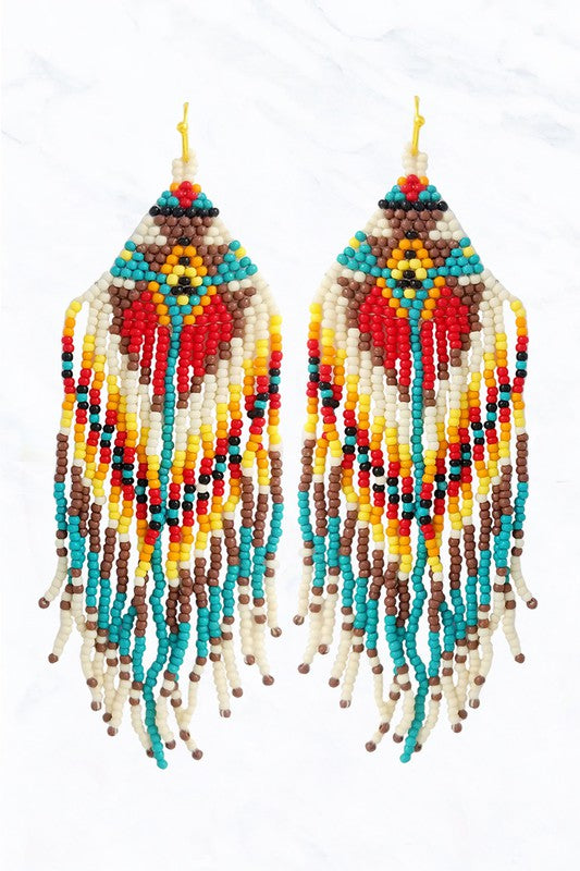Multi 2 Aztec Geometric Pattern Seed Bead Fringe Earrings