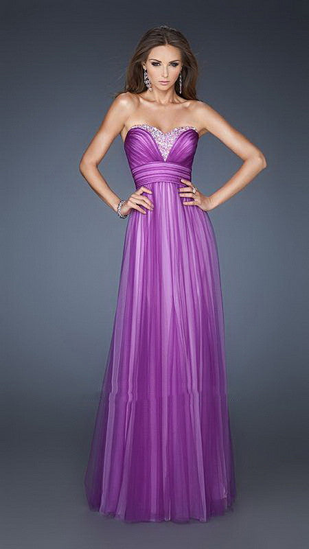 Lavender Glittering Stone Sweetheart Necklin Two Tone Net Long Dress