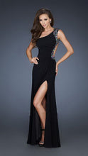 Black High Front Slit One Shoulder Beaded Jersey Long Dress