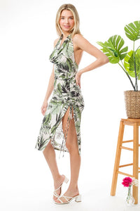 Offwhite Tropical Shirred Slit Cowl Neck Midi Dress