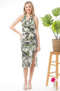 Offwhite Tropical Shirred Slit Cowl Neck Midi Dress