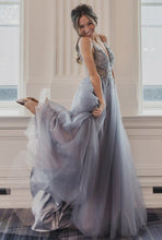 Smoky Blue Ophelia Bead Strap Tulle Gown