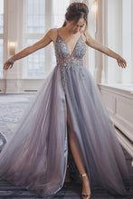 Smoky Blue Ophelia Bead Strap Tulle Gown