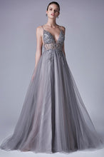 Smoky Blue Ophelia Bead Strap Tulle Gown