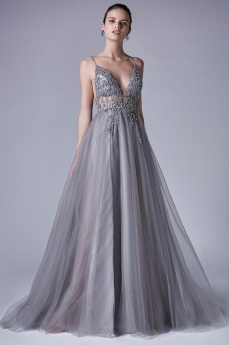Smoky Blue Ophelia Bead Strap Tulle Gown