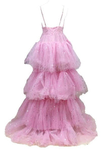 Pink Sequin High Low Hem Layered Mesh Bridesmaid Dress