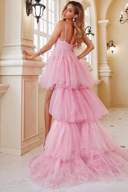 knee length dresses for ladies Pink Sequin High Low Hem Layered Mesh Bridesmaid Dress – Aquarius Brand