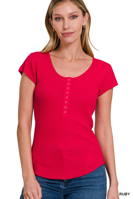 Red Baby Waffle Snap Button Cap Sleeve Top