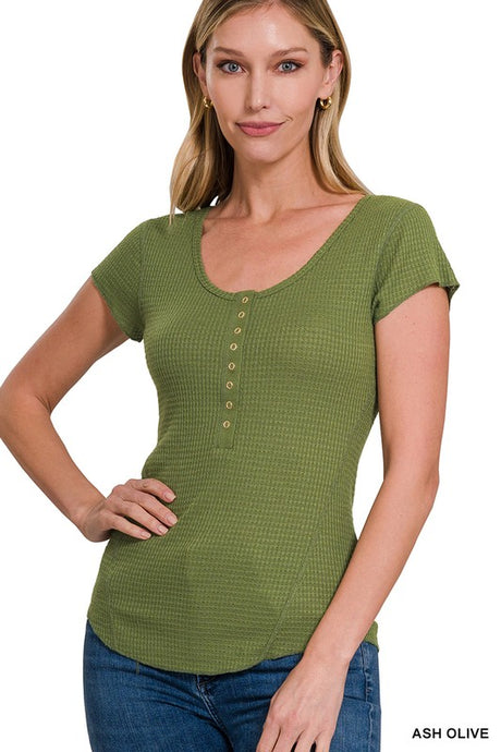 Ash Olive Baby Waffle Snap Button Cap Sleeve Top