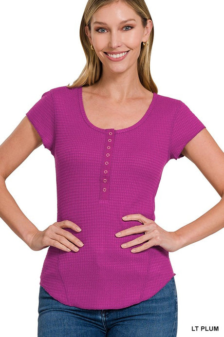 Lt Plum Baby Waffle Snap Button Cap Sleeve Top