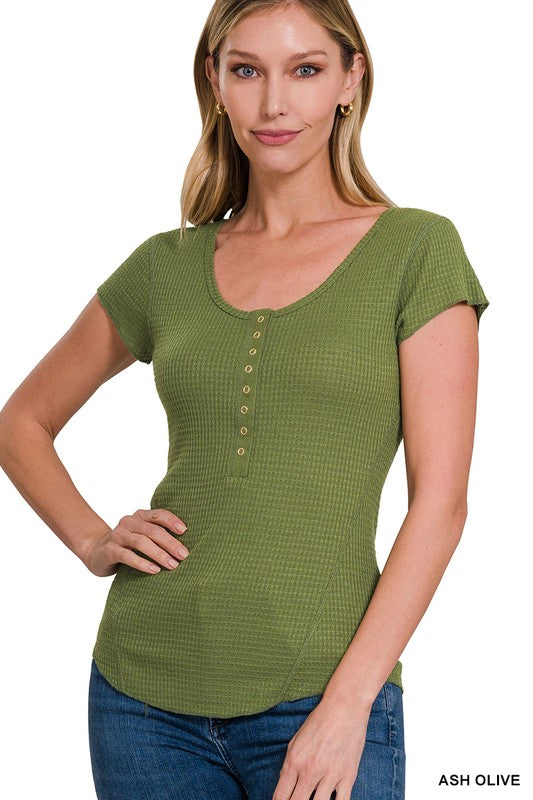 Lt Olive Baby Waffle Snap Button Cap Sleeve Top