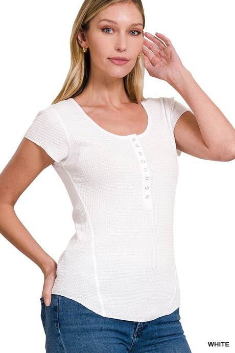 White Baby Waffle Snap Button Cap Sleeve Top