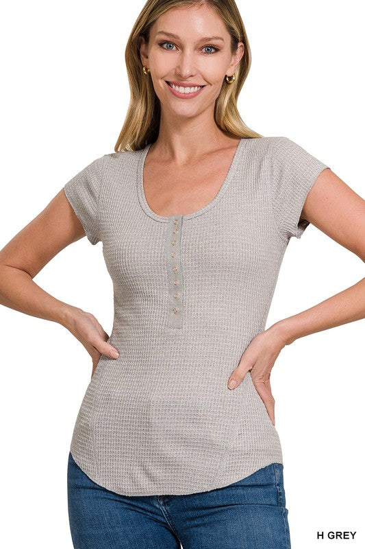 H Grey Baby Waffle Snap Button Cap Sleeve Top
