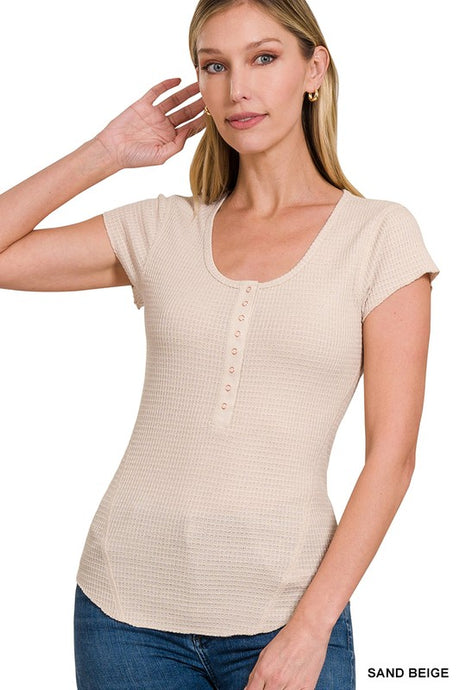 Sand Beige Baby Waffle Snap Button Cap Sleeve Top