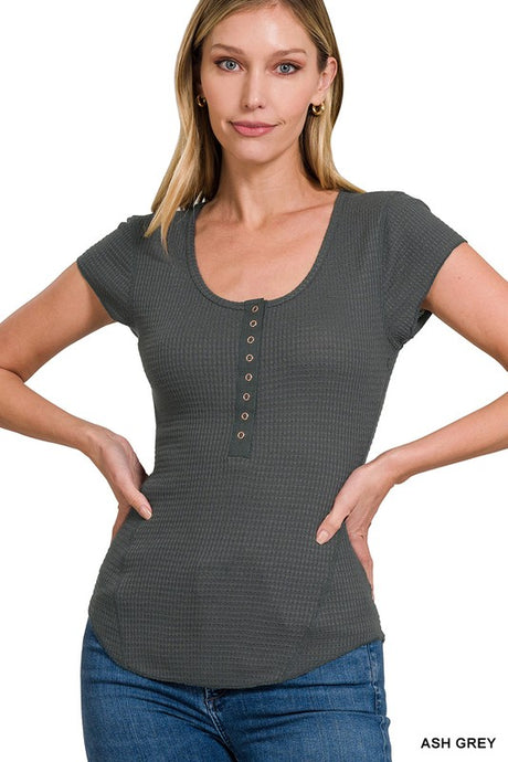 Ash Grey Baby Waffle Snap Button Cap Sleeve Top