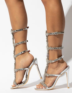 Silver Heel Exotic Design Rhinestone Gladiator