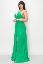 Green Maxi Dress Tie Neck Double Tie/open Back Slit