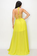 Lime Maxi Dress Tie Neck Double Tie/open Back Slit