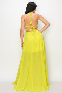 Lime Maxi Dress Tie Neck Double Tie/open Back Slit
