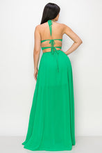 Green Maxi Dress Tie Neck Double Tie/open Back Slit