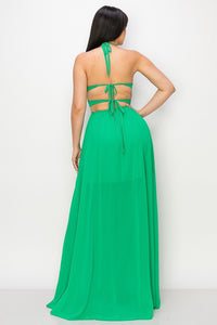 Green Maxi Dress Tie Neck Double Tie/open Back Slit