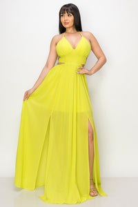 Lime Maxi Dress Tie Neck Double Tie/open Back Slit