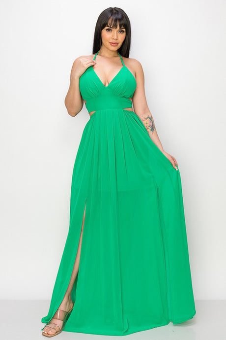Green Maxi Dress Tie Neck Double Tie/open Back Slit