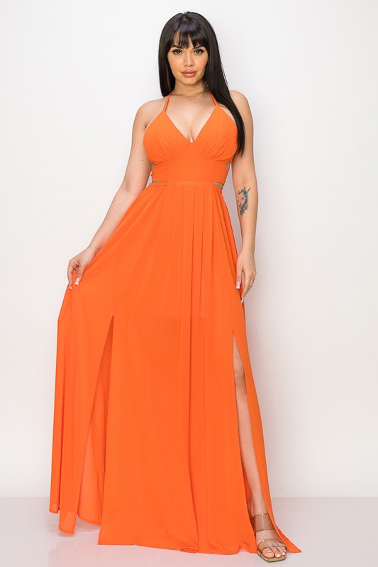 Orange Maxi Dress Tie Neck Double Tie/open Back Slit – Aquarius Brand