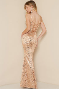 Rose Gold Sequin Maxi Dress With Lace Up Back
