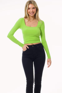 Green Second Skin Square Neck Long Sleeve Crop Top