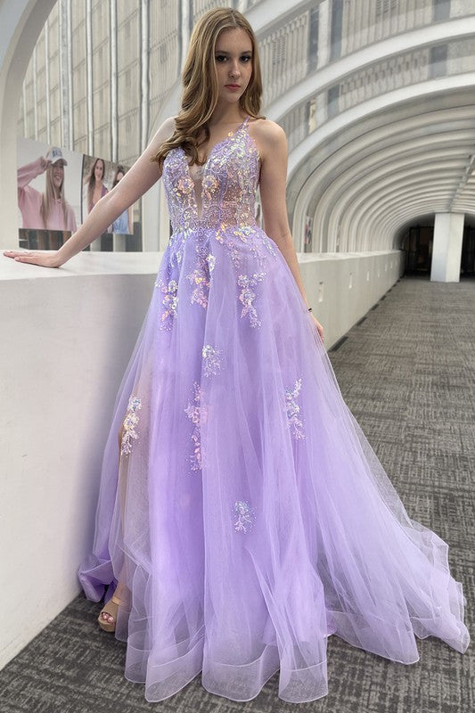Light Purple Floral Sequin Applique A Line Gown