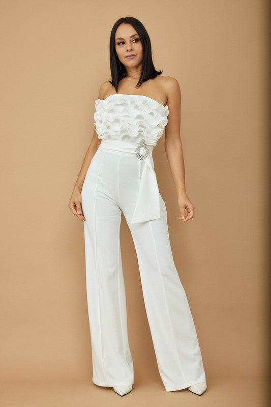 White Ruffle Off Shoulder Jumpsuit