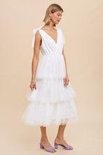 Off White Tiered Tie Strap Tulle Midi Dress