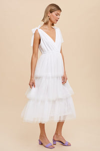 Off White Tiered Tie Strap Tulle Midi Dress